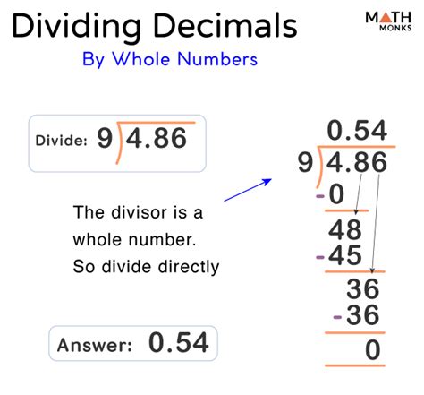Dividing by decimals can be challenging. That’s why, when dividing decimals by decimals, the first step is to change the divisor into a whole number. For example, if you are dividing 4.25 by .05, the divisor .05 is a decimal. Dividing by a decimal will make the division problem more complicated.